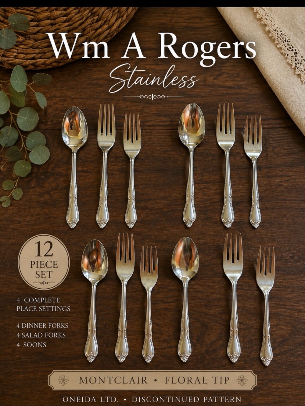Wm A Rogers Oneida Montclair Stainless Flatware 12 Pc Floral Tip Set